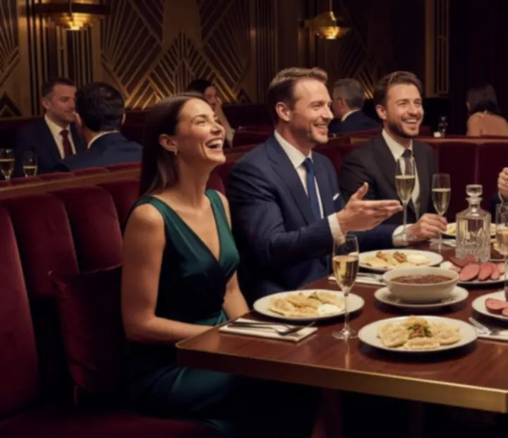 Goście przy elegancko nakrytym stole w restauracji art deco podczas wieczornej kolacji.