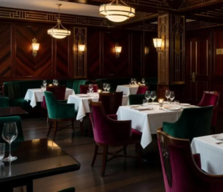 Wnętrze restauracji w stylu Art Deco z ciemnym drewnem, mosiężnymi detalami i aksamitnymi zasłonami
