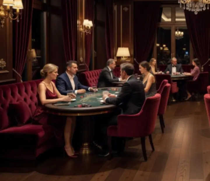 Wieczorna atmosfera restauracji z widokiem na stoły do blackjacka