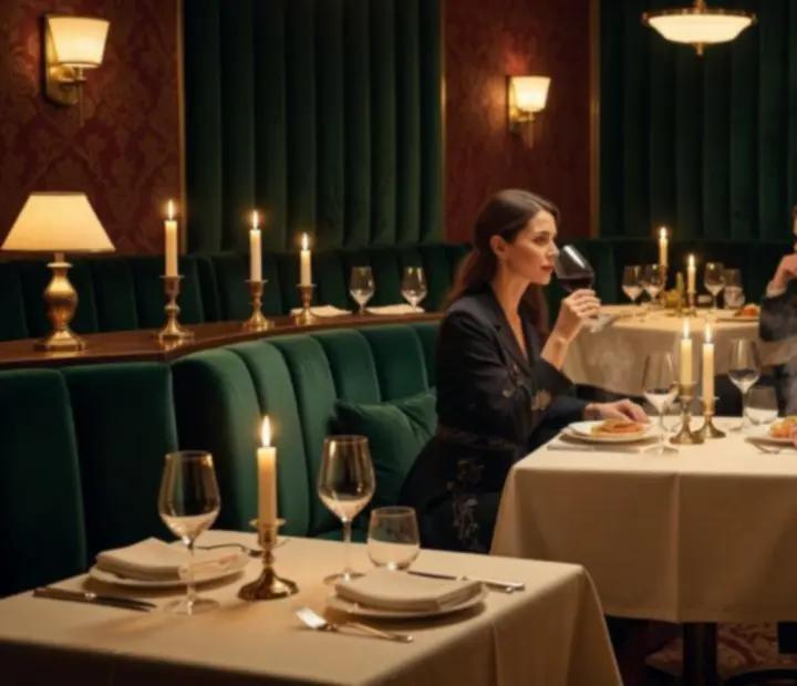 Kolacja przy świecach w restauracji art deco z kieliszkami wina i szmaragdowymi lożami.