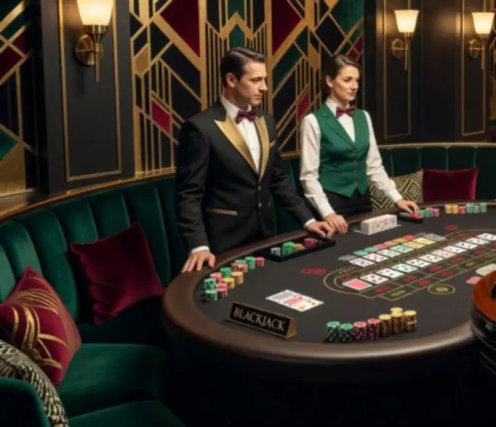 Salon gier POKISEC z pókerowymi stołami, stołem do ruletki i blackjackiem w eleganckim, art deco wnętrzu.