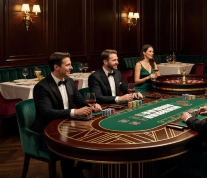 Elegancki wieczór przy stołach do pokera i ruletki w salonie gier w stylu art deco.