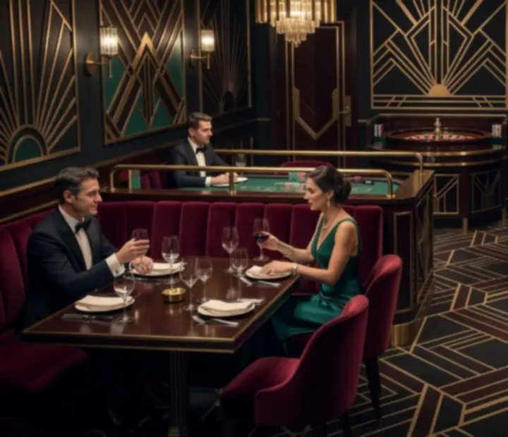 Wieczorna sala restauracyjna w stylu art deco z eleganckimi stolikami oraz subtelnie wkomponowanym salonem gier z pokerem, ruletką i blackjackiem.