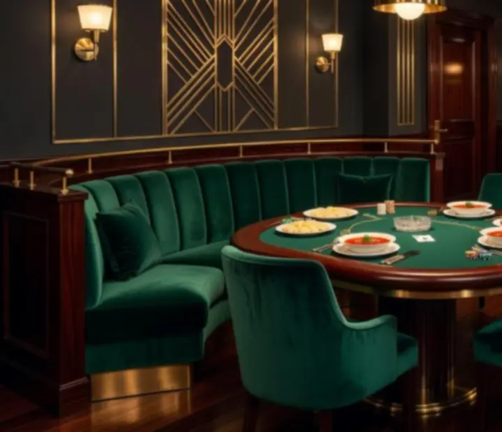 Pokerowy salon w restauracji POKISEC z eleganckim stołem do pokera pośród nakrytych stołów kolacyjnych