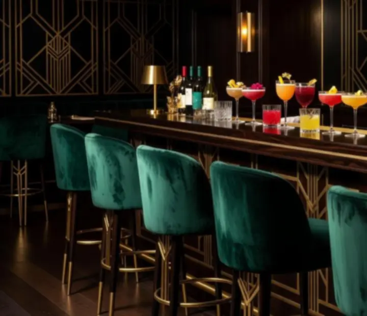 Koktajle i kieliszki wina podane na barze w art deco restauracji