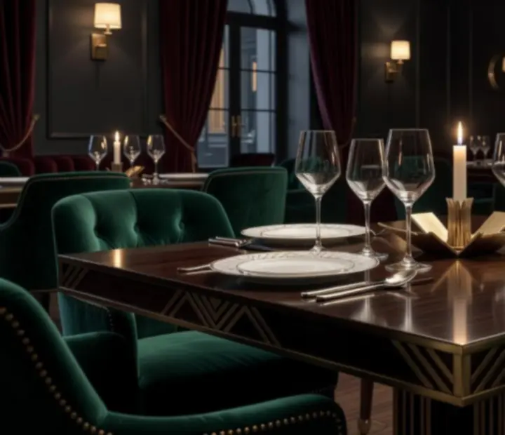 Elegancki stolik w restauracji POKISEC z menu degustacyjnym w wieczornej atmosferze