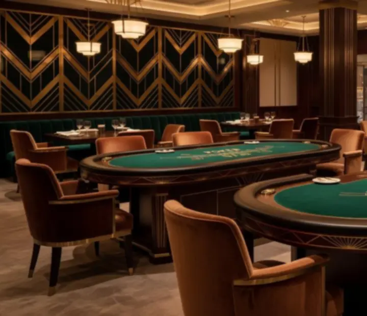 Elegancki salon gier przy restauracji z ruletką, stołami do pokera i blackjacka