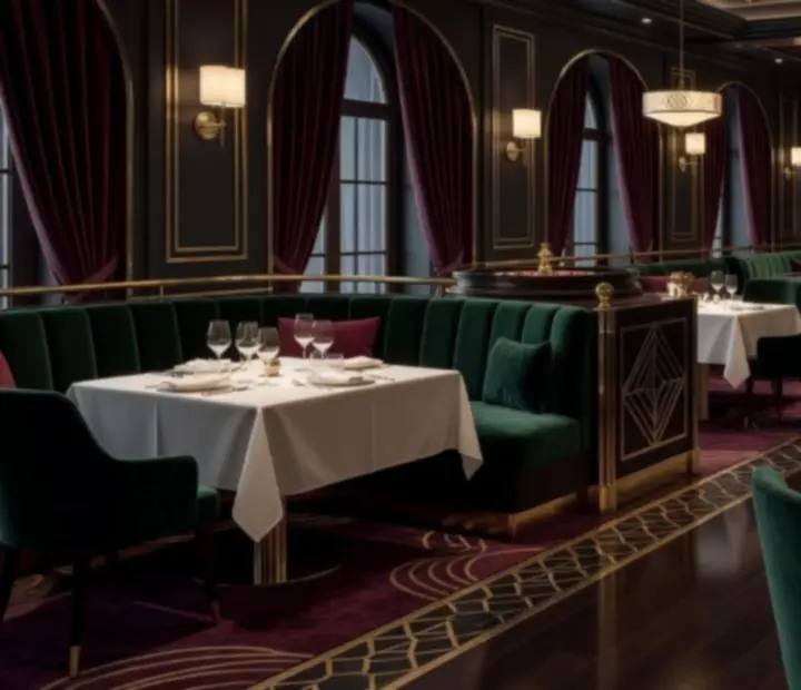 Eleganckie wnętrze restauracji POKISEC w stylu Art Deco z nakrytymi stołami i subtelnym salonem gier.