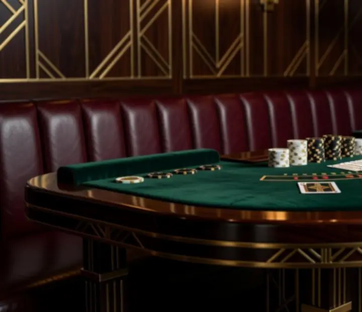 Stół do blackjack z aksamitnymi siedzeniami i mosiężnymi detalami w restauracji