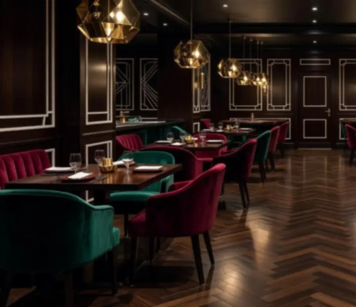 Wnętrze restauracji w stylu Art Deco z ciemnym drewnem i aksamitnymi fotelami