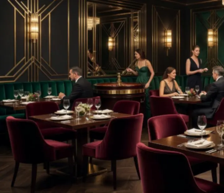 Eleganckie wnętrze restauracji w stylu art deco z nastrojowym światłem i subtelnymi stołami kasynowymi